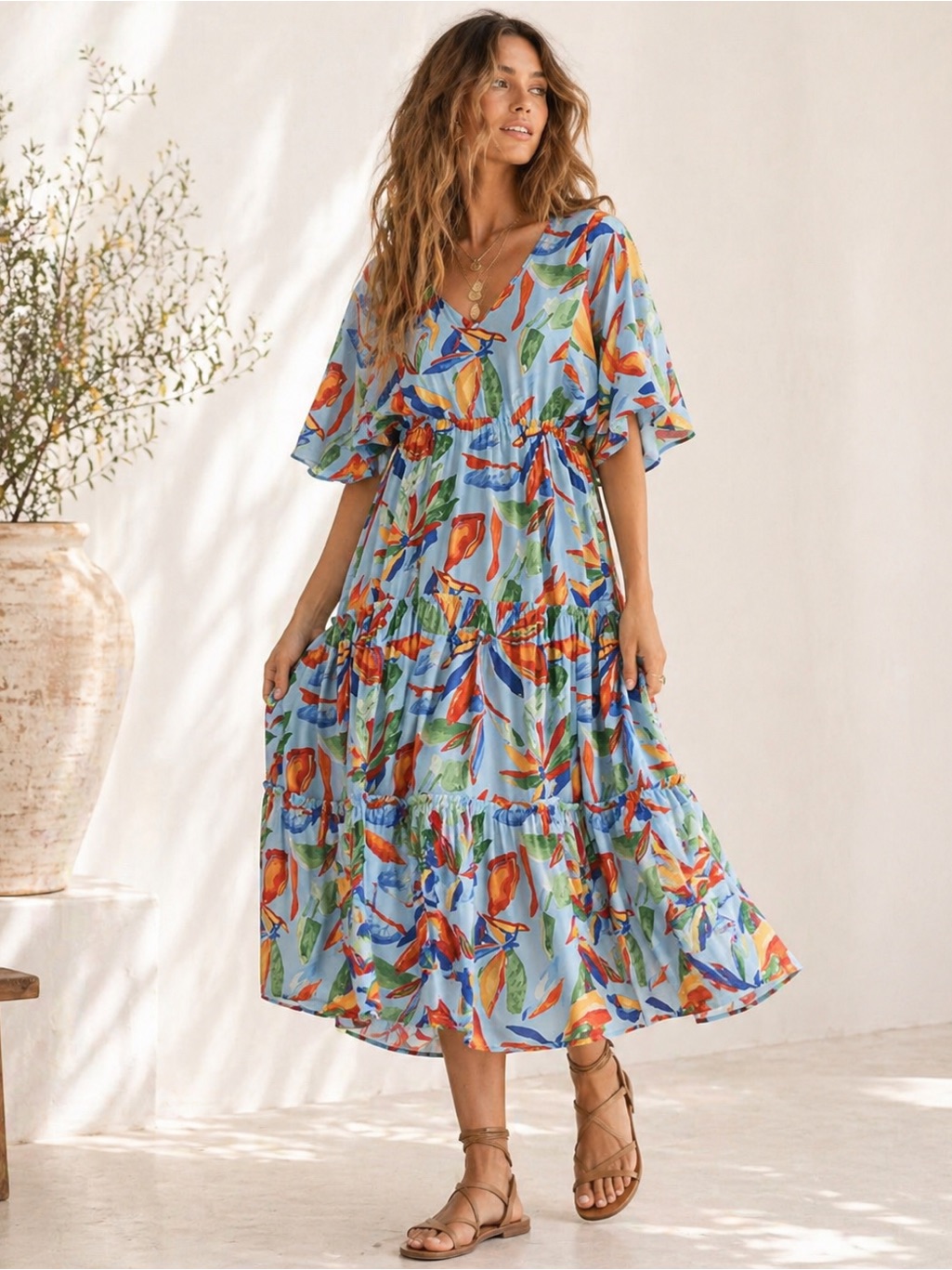Floral Tiered Maxi Dress In Sky Blue